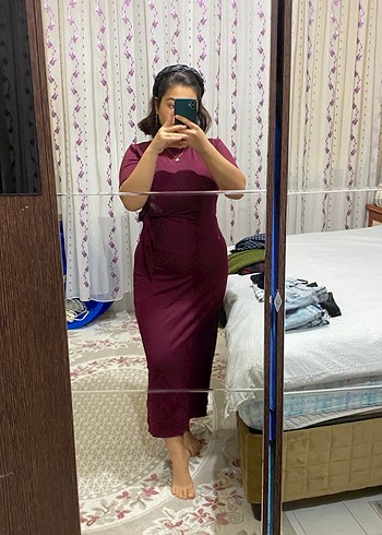 Bordo Midi bisiklet Yaka Drapeli Elbise - Görsel 3