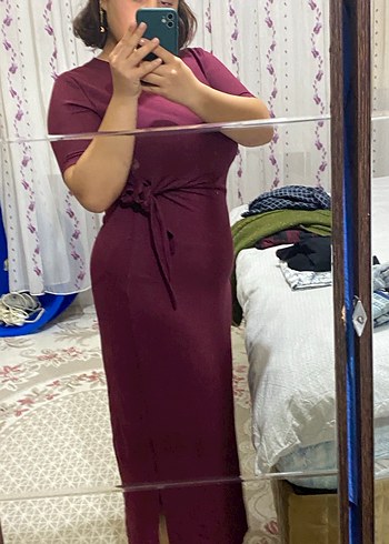 Bordo Midi bisiklet Yaka Drapeli Elbise - Görsel 2