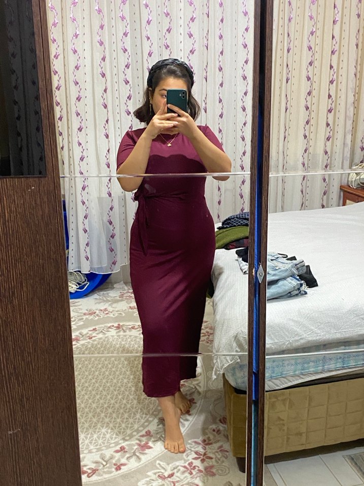 Bordo Midi bisiklet Yaka Drapeli Elbise - Görsel 3