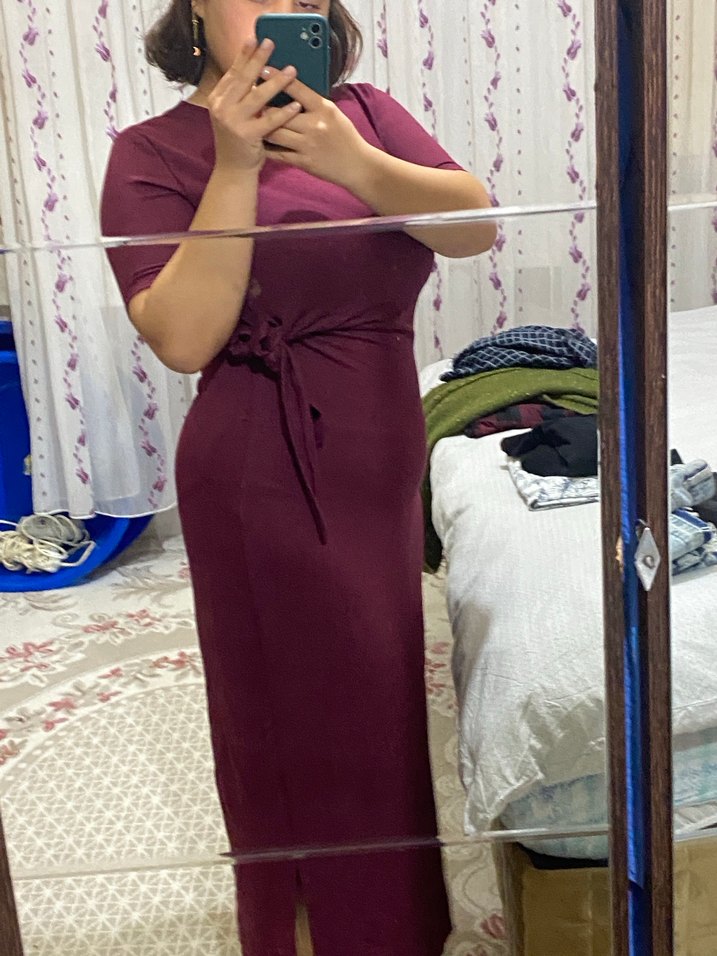 Bordo Midi bisiklet Yaka Drapeli Elbise - Görsel 2