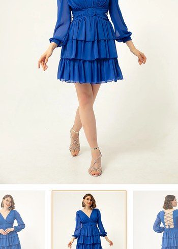 Mavi Mini Kat Kat Elbise V Yakalı - Görsel 4