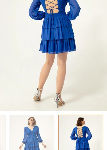 Mavi Mini Kat Kat Elbise V Yakalı - Görsel 5