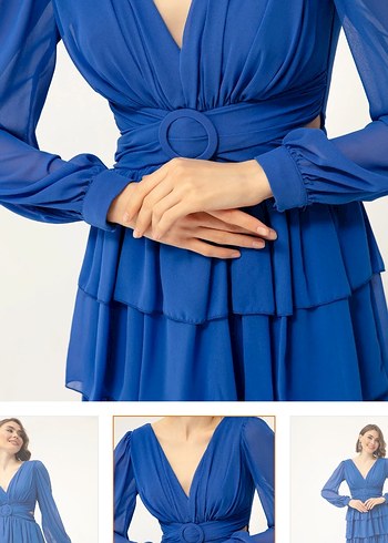 Mavi Mini Kat Kat Elbise V Yakalı - Görsel 2