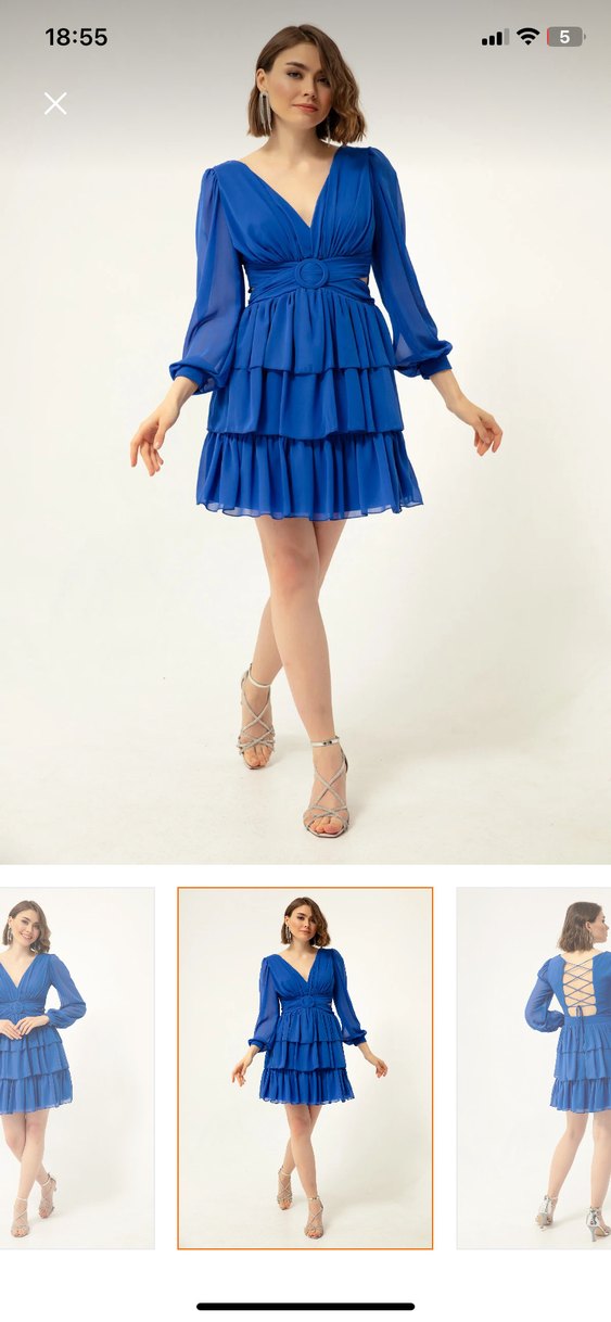 Mavi Mini Kat Kat Elbise V Yakalı - Görsel 4