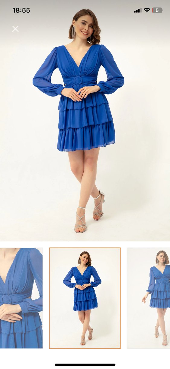 Mavi Mini Kat Kat Elbise V Yakalı - Görsel 3