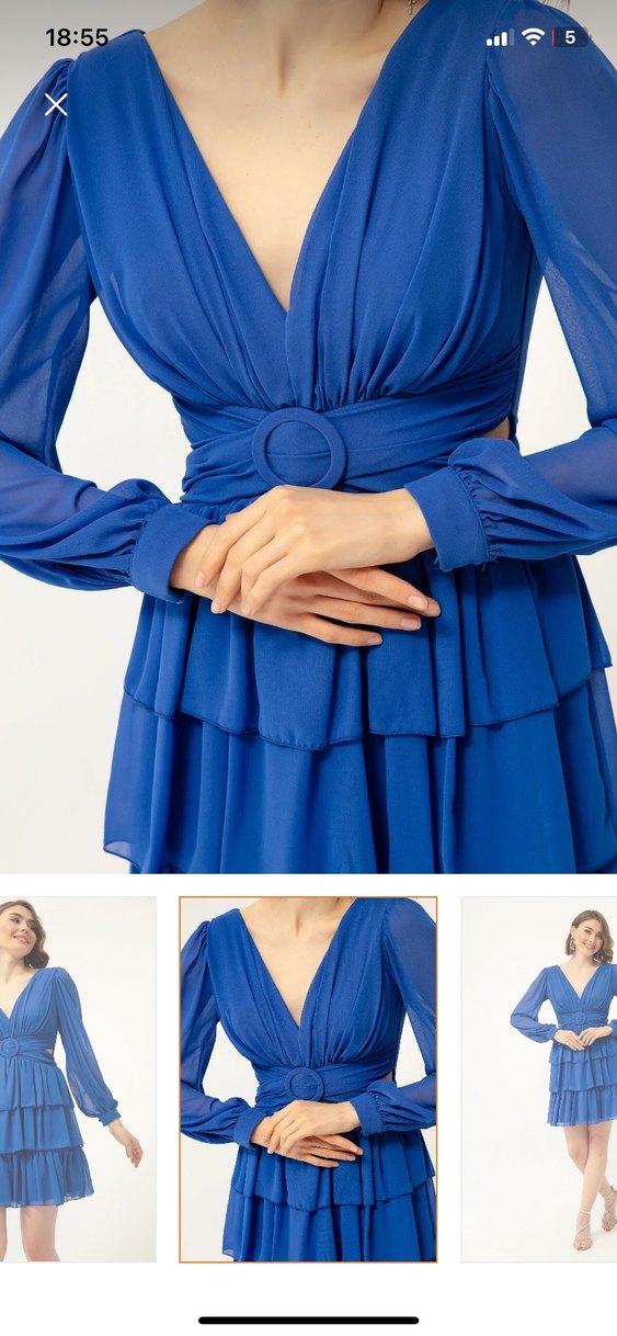 Mavi Mini Kat Kat Elbise V Yakalı - Görsel 2