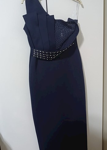 Drapeli Lacivert Uzun Abiye Elbise - Görsel 3