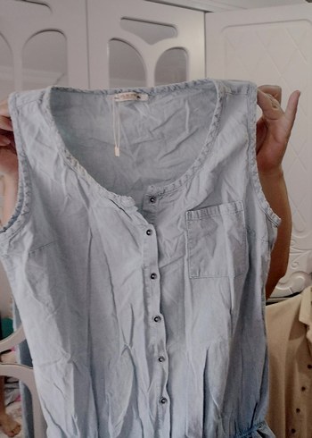 xl Beden Mavi Keten Straplez Salaş Tulum