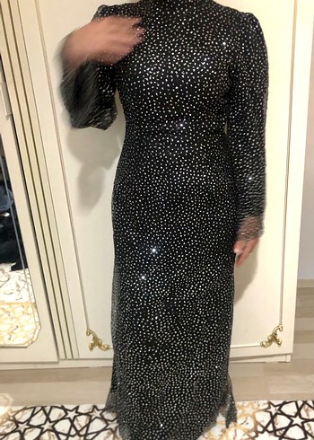 Siyah Puantiyeli Uzun Kollu Payetli Elbise - Görsel 2