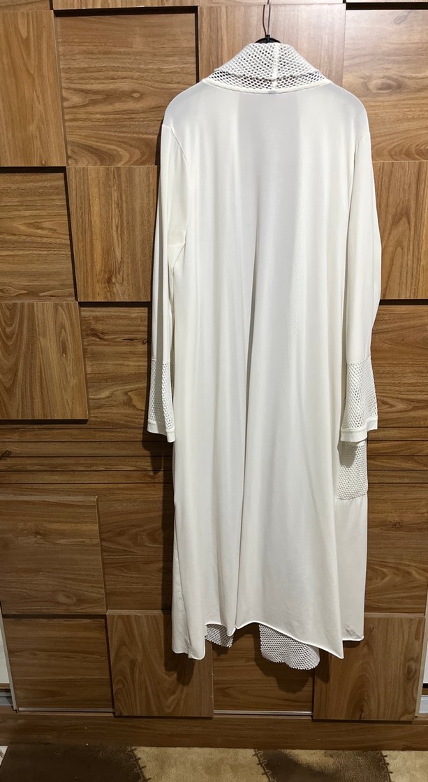 Uzun Beyaz Kadın yazlık ceket - Görsel 3