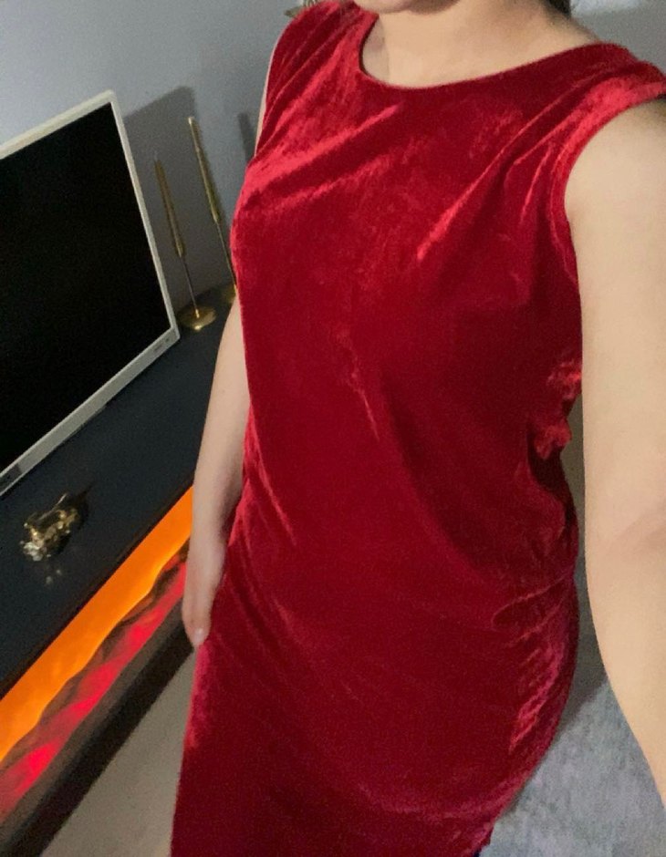 kırmızı Süet Midi V Yaka kafide Elbise - Görsel 2