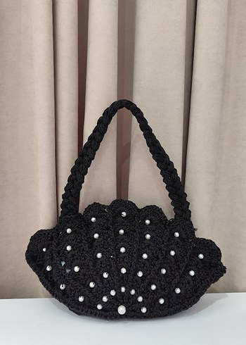Boncuk İşlemeli Siyah Örgü Kadın Çanta - Görsel 4