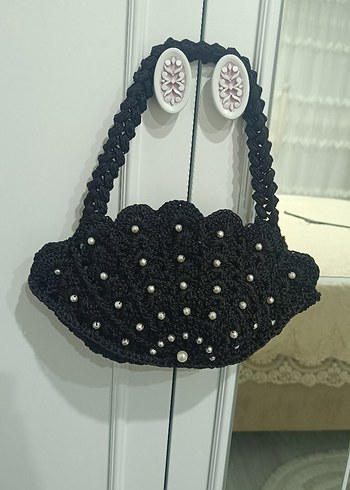 Boncuk İşlemeli Siyah Örgü Kadın Çanta - Görsel 3