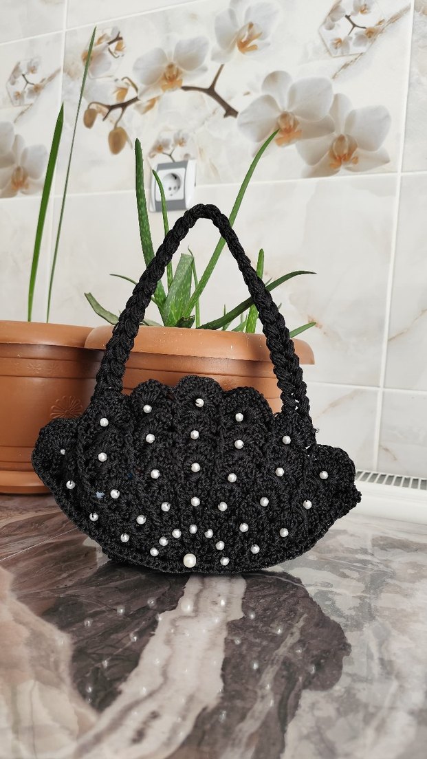 Boncuk İşlemeli Siyah Örgü Kadın Çanta - Görsel 2