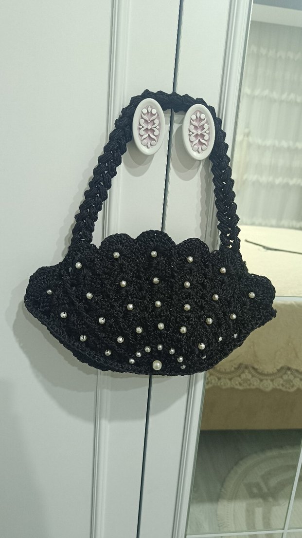 Boncuk İşlemeli Siyah Örgü Kadın Çanta - Görsel 3