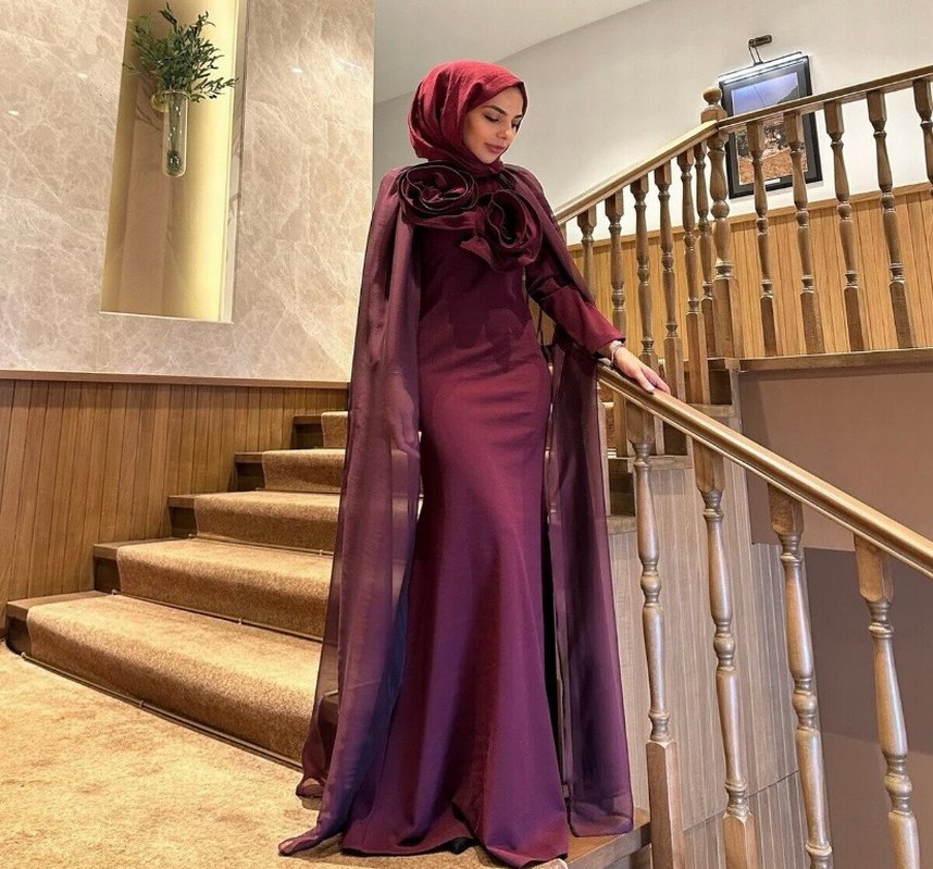 Bordo Uzun Drapeli Abiye Elbise tesettür - Görsel 3