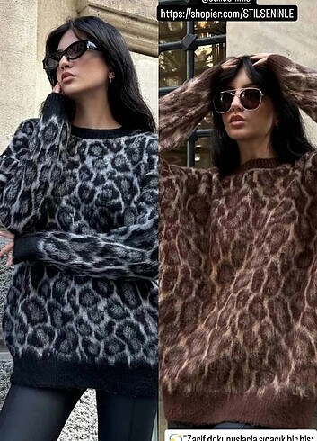 diğer Beden kahverengi Renk Leopar desenli şardonlu kazak