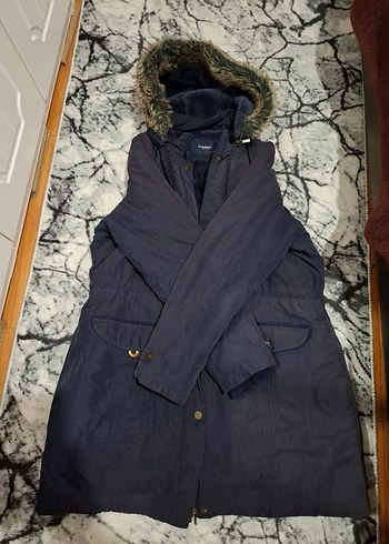 Kürklü Kapüşonlu Midi Mavi Kadın Mont - Görsel 6