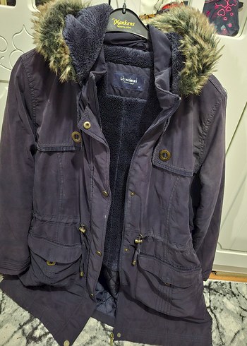 Kürklü Kapüşonlu Midi Mavi Kadın Mont - Görsel 4