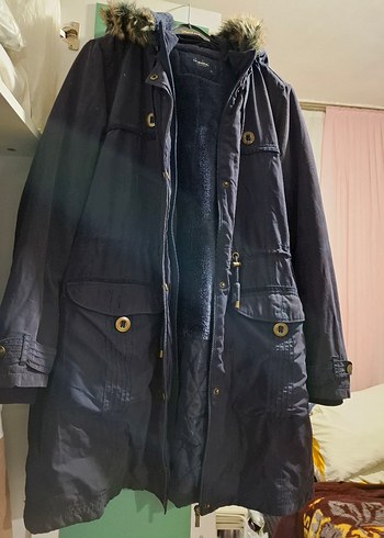 Kürklü Kapüşonlu Midi Mavi Kadın Mont - Görsel 2