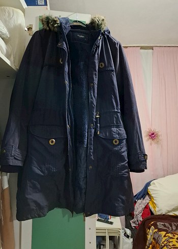 Kürklü Kapüşonlu Midi Mavi Kadın Mont - Görsel 3