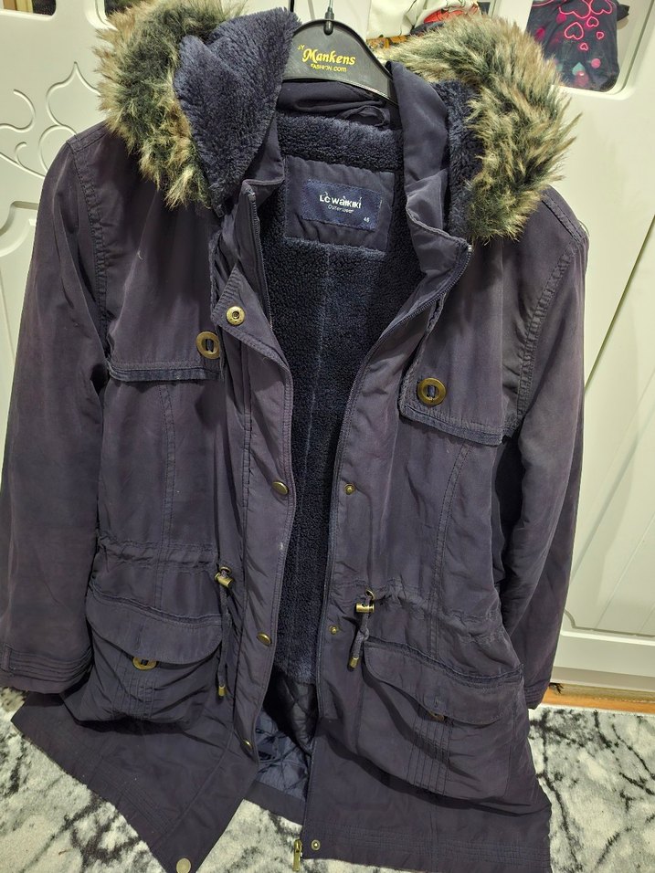 Kürklü Kapüşonlu Midi Mavi Kadın Mont - Görsel 4