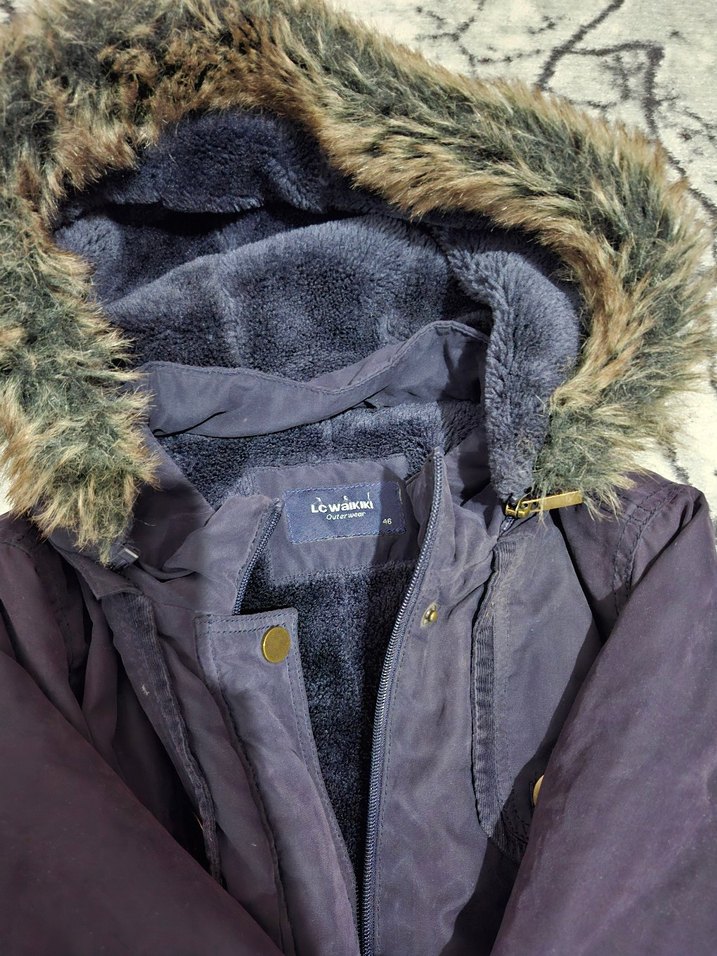 Kürklü Kapüşonlu Midi Mavi Kadın Mont - Görsel 5