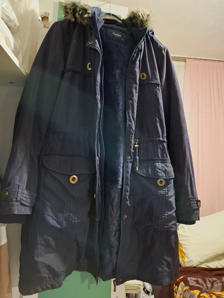 Kürklü Kapüşonlu Midi Mavi Kadın Mont - Görsel 2