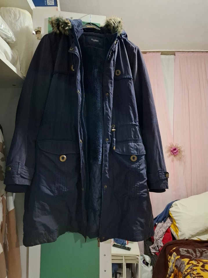 Kürklü Kapüşonlu Midi Mavi Kadın Mont - Görsel 3