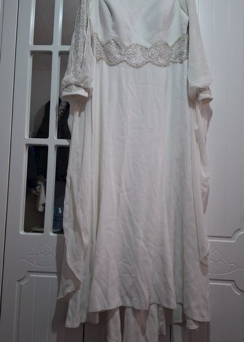 Uzun Kollu Drapeli Beyaz Sade Nişan Elbisesi - Görsel 2