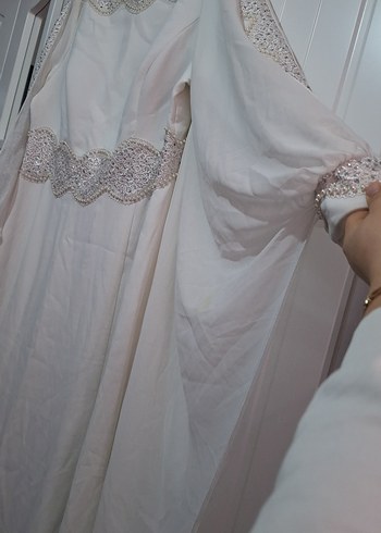 Uzun Kollu Drapeli Beyaz Sade Nişan Elbisesi - Görsel 4