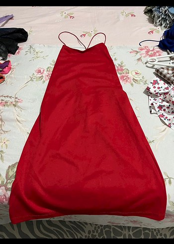 Drapeli Kırmızı İp Askılı Mini Elbise - Görsel 5