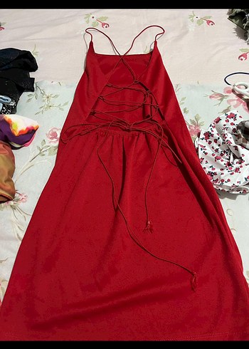 Drapeli Kırmızı İp Askılı Mini Elbise - Görsel 4