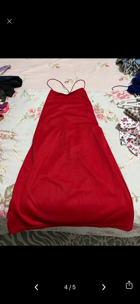 Drapeli Kırmızı İp Askılı Mini Elbise - Görsel 5