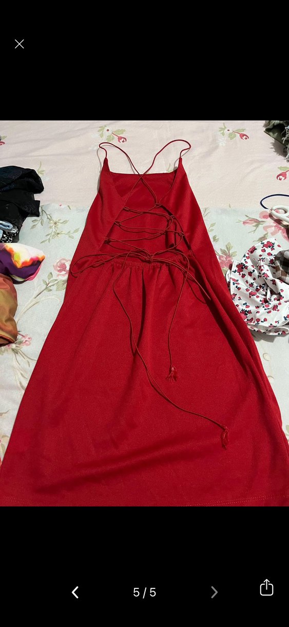 Drapeli Kırmızı İp Askılı Mini Elbise - Görsel 4