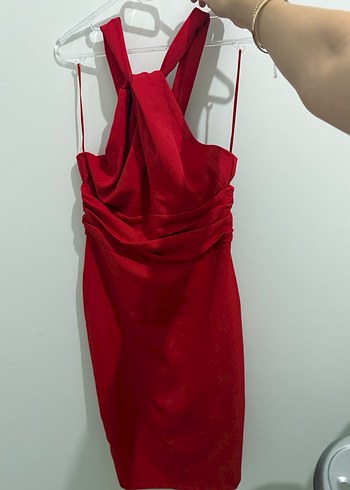 Kırmızı Drapeli V Yakalı Midi Elbise - Görsel 2