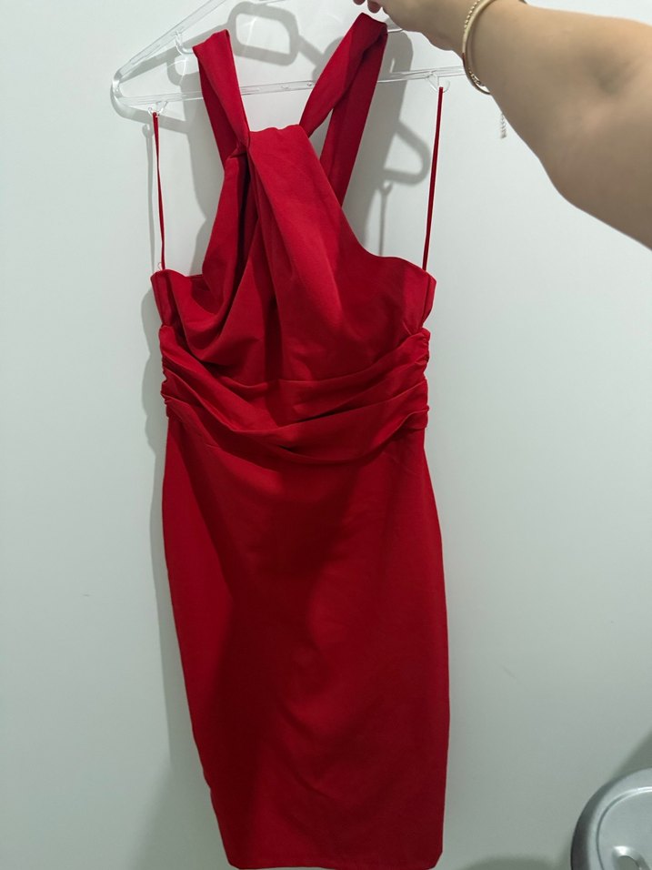 Kırmızı Drapeli V Yakalı Midi Elbise - Görsel 2