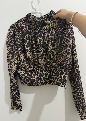 Kahverengi leopar Desenli Kadın Bluz