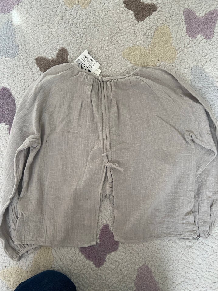 Bej Keten Kadın Bluz, Uzun Kollu, Fermuarlı - Görsel 3