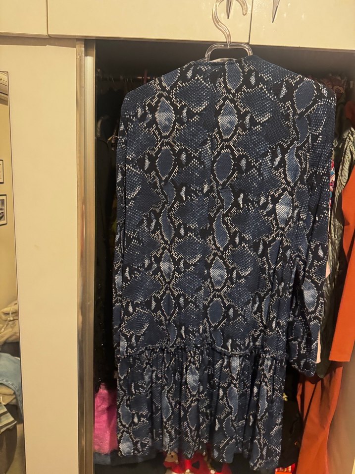 Uzun Kollu Gri Yılan Desenli Bohem Elbise - Görsel 5