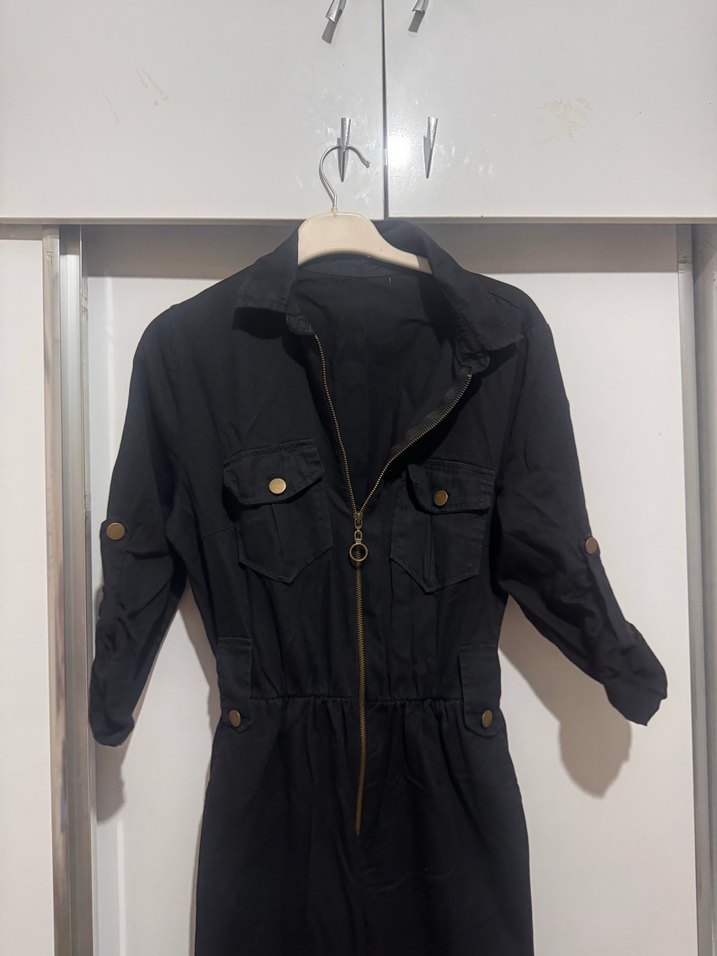 Siyah Kot Kadın Ceket - Fermuarlı, Yaka Detaylı - Görsel 3