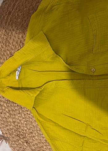 Sarı Keten Kadın Mini şortlu müslin takım - Görsel 2