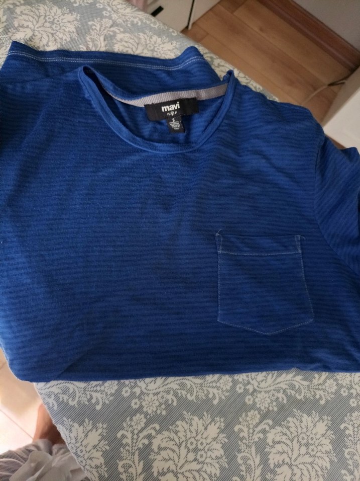 Erkek Lacivert Çizgili Bisiklet Yaka Tişört - Görsel 2