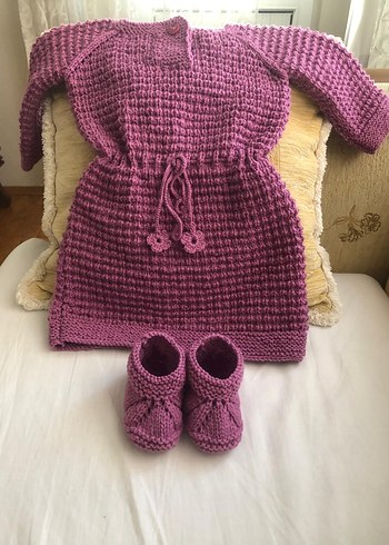 Mor Örgü Bebek Kız Elbise ve Patik Seti