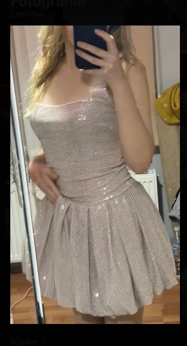 Pullu Dar Kesim Kare Yaka Mini Abiye Balon Elbise - Görsel 2