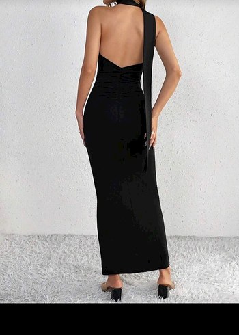 Sheinside Siyah Drapeli Straplez Uzun Abiye Elbise