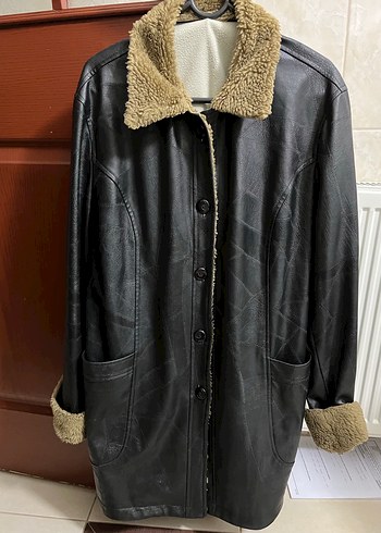 Kahverengi Kürklü Siyah Kadın Vintage Deri Ceket - Görsel 2