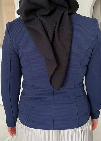 Kadın Lacivert Pilili Dar Kesim Vintage Ceket - Görsel 3