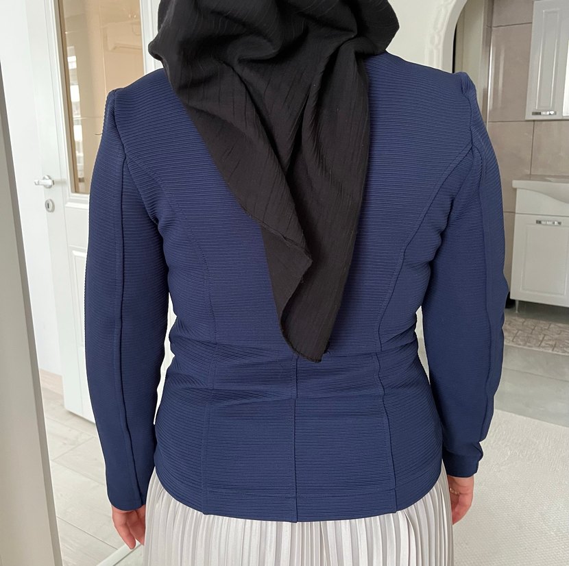 Kadın Lacivert Pilili Dar Kesim Vintage Ceket - Görsel 3