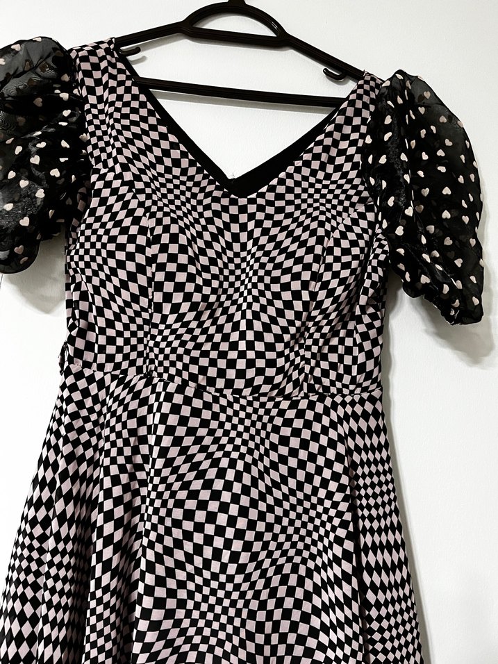 Kadın Siyah Ekose Midi V Yakalı Elbise - Görsel 2